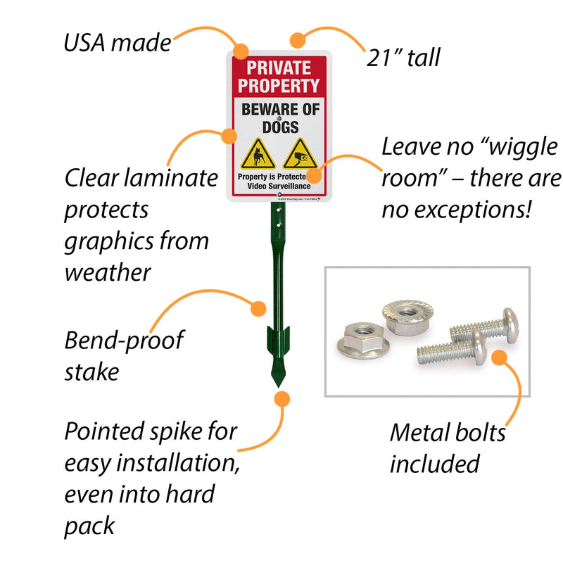 Private Property Beware of Dogs Sign with Stake | SmartSign 21" Tall Sign & Stake Kit - Property Protected by Video Surveillance Sign For Yard/Lawn | 10x7 Inches Aluminum Metal Sign, Made in USA