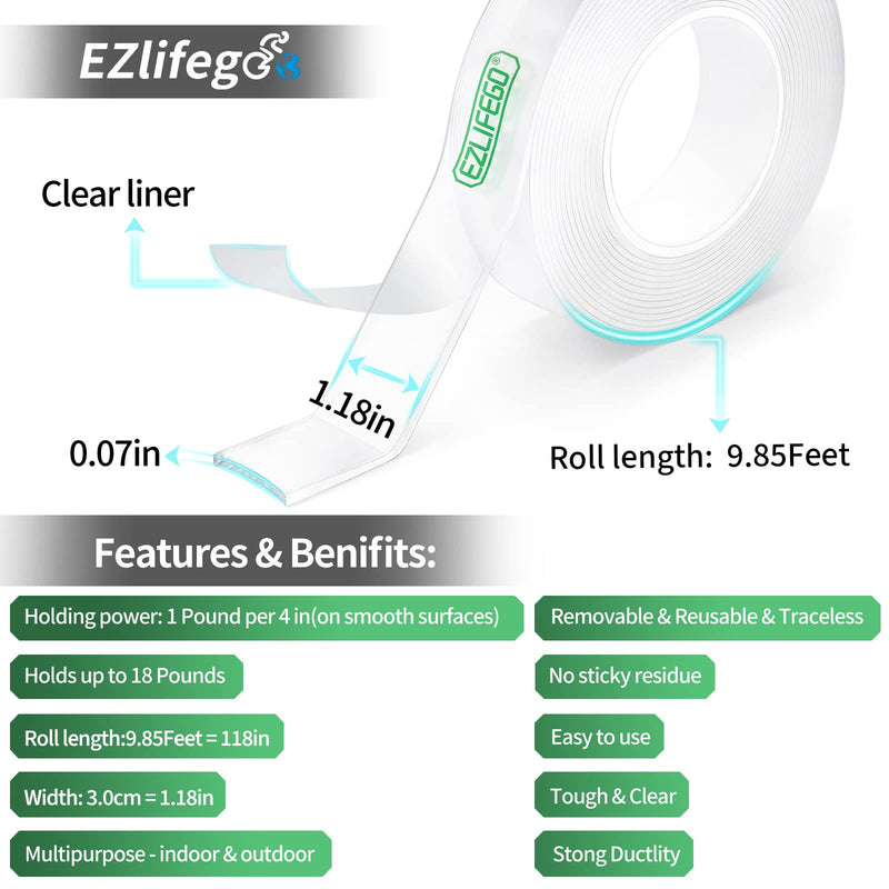 Double Sided Tape Heavy Duty, Nano Double Sided Adhesive Tape, EZlifego Clear Mounting Tape Picture Hanging Adhesive Strips (9.85FT)