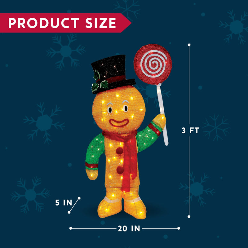 Christmas Gingerbread Man Tinsel Yard Light, JOIEDOMI 3FT, 50 Pre-Lit LED Warm White Lights with Metal Stakes for Indoor Outdoor Garden Holiday Decoration, Christmas Event, Christmas Eve Night Décor