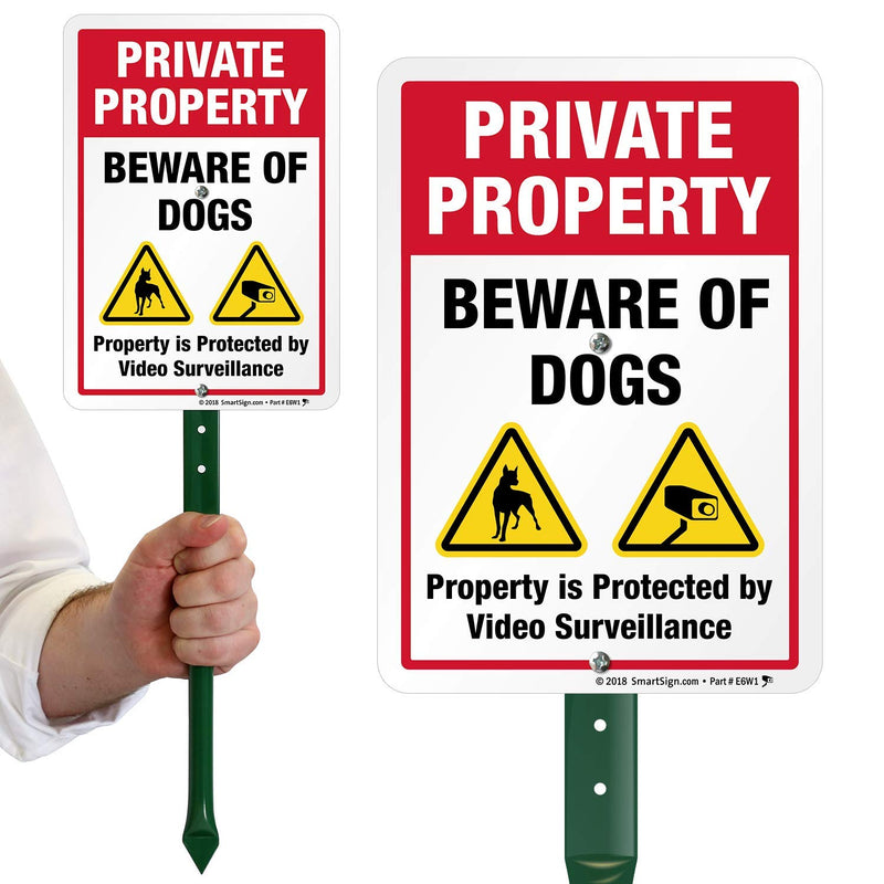 Private Property Beware of Dogs Sign with Stake | SmartSign 21" Tall Sign & Stake Kit - Property Protected by Video Surveillance Sign For Yard/Lawn | 10x7 Inches Aluminum Metal Sign, Made in USA