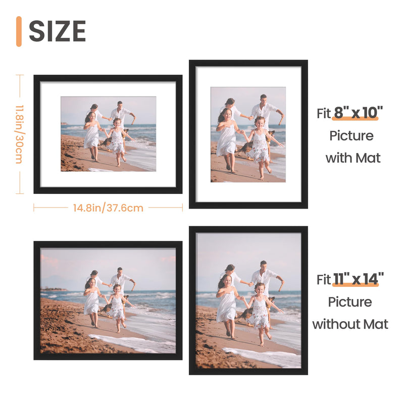 11x14 Picture Frame, Display Pictures upsimples 8x10 with Mat or 11x14 Without Mat, Wall Hanging Photo Frame, Black, 1 Pack