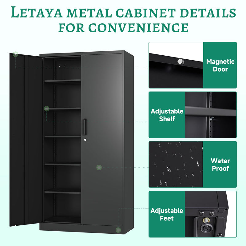 Metal Garage Storage Cabinets with Lock-72 Tall Tool Organizer Steel Lockers, Letaya, 5 Adjustable Layers Shelves for Home,Office,Warehouse,Garage,(Black-72“)