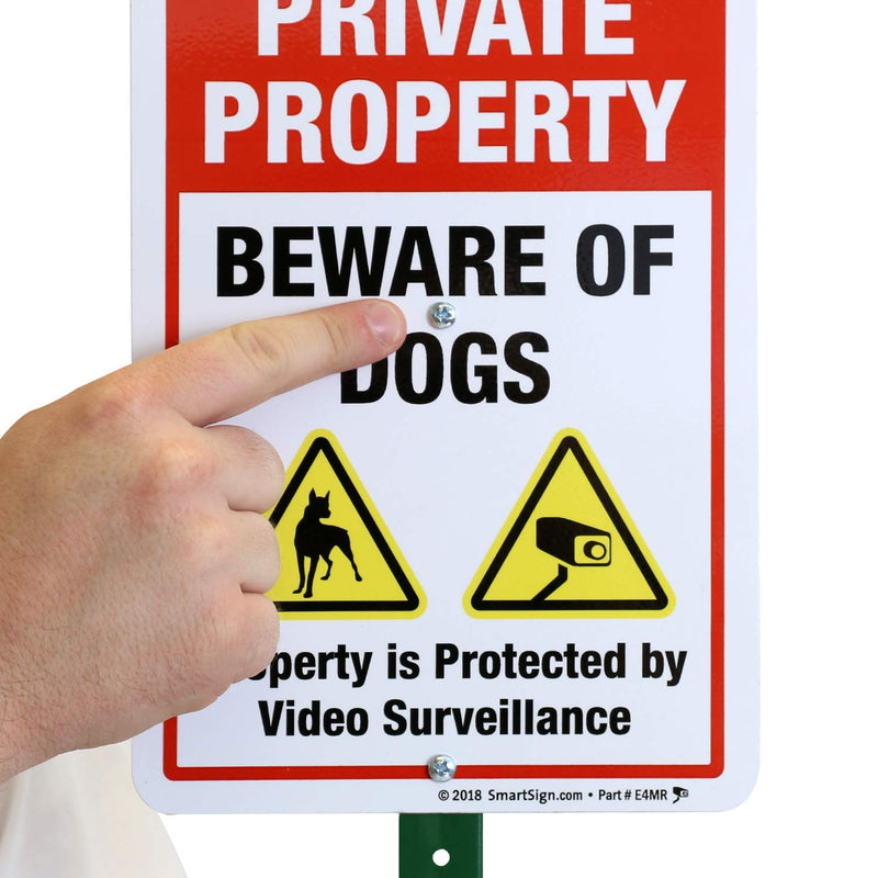 Private Property Beware of Dogs Sign with Stake | SmartSign 21" Tall Sign & Stake Kit - Property Protected by Video Surveillance Sign For Yard/Lawn | 10x7 Inches Aluminum Metal Sign, Made in USA