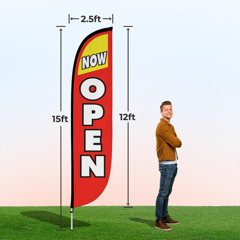 LookOurWay Feather Flag Pole Kit - 12 Feet Tall Advertising Flag Banner with Fiberglass Pole Kit and Ground Spike for Business Promotion - Grand Opening Flags - Now Open Red & Yellow (10M1200030)