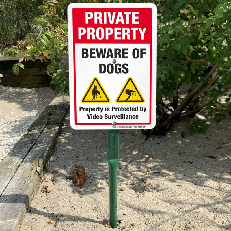 Private Property Beware of Dogs Sign with Stake | SmartSign 21" Tall Sign & Stake Kit - Property Protected by Video Surveillance Sign For Yard/Lawn | 10x7 Inches Aluminum Metal Sign, Made in USA