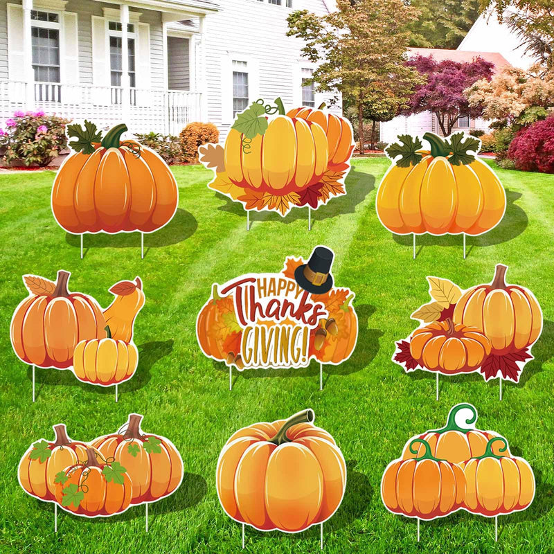 Fall Thanksgiving Yard Signs Decorations - 9Pcs Outdoor Orange Pumpkins Harvest Garden Wall Porch Signs with Stakes Seasonal Holiday Party Supplies Lawn Yard Decorations (9PC)