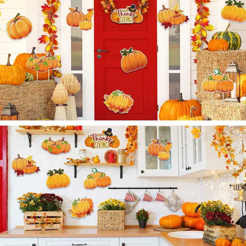 Fall Thanksgiving Yard Signs Decorations - 9Pcs Outdoor Orange Pumpkins Harvest Garden Wall Porch Signs with Stakes Seasonal Holiday Party Supplies Lawn Yard Decorations (9PC)