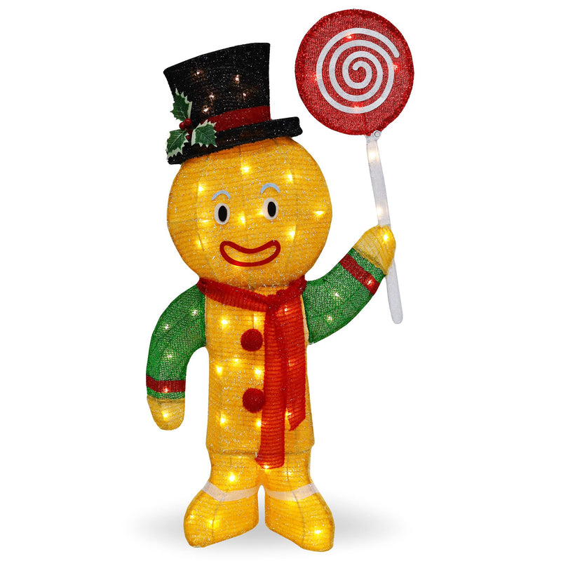 Christmas Gingerbread Man Tinsel Yard Light, JOIEDOMI 3FT, 50 Pre-Lit LED Warm White Lights with Metal Stakes for Indoor Outdoor Garden Holiday Decoration, Christmas Event, Christmas Eve Night Décor