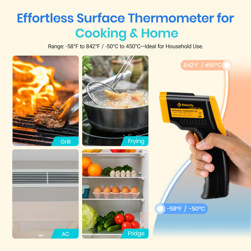 Etekcity Infrared Thermometer Laser Temperature Gun 774, Meat Food Candy Oven Thermometer for Griddle Accessories, Heat Gun for Cooking Refrigerator Tools, Yellow, -58°F to 842°F