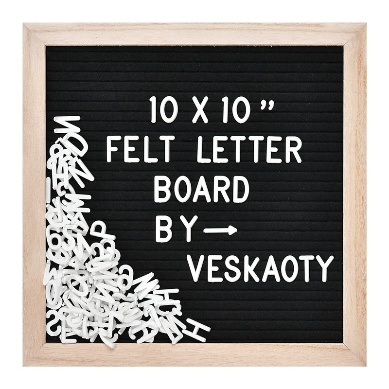 Felt Letter Board with 294 Letters, Numbers & Symbols - 10 x 10 inch Changeable Message Board with Wooden Frame Wall Mount Hook, Black & Wood