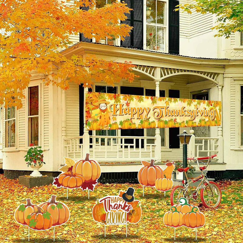 Fall Thanksgiving Yard Signs Decorations - 9Pcs Outdoor Orange Pumpkins Harvest Garden Wall Porch Signs with Stakes Seasonal Holiday Party Supplies Lawn Yard Decorations (9PC)