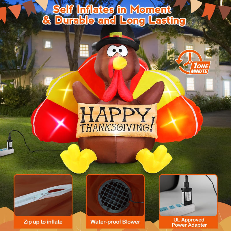 Thanksgiving Inflatables Turkey Outdoor Decorations Danxilu 6 FT with Colorful Big Tail & Pilgrim Hat, Built-in LEDs Blow up Turkey Inflatable Yard Decoration for Outside Fall Harvest Holiday Decor
