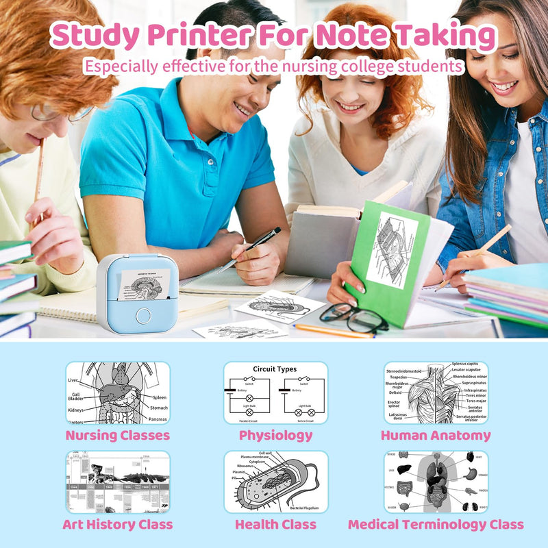 Ponek Print Pods Mini Printer - Sticker Printer Machine, T02 Mini Pocket Printers Portable Thermal Printer Inkless Sticker, Mini Printer with 3 Rolls Thermal Paper for Study Note,Journal, Memo