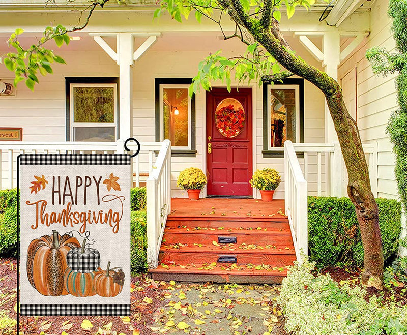 Happy Thanksgiving Fall Garden Flags for Outdoor,12x18 Double Sided,Harvest Buffalo Plaid Pumpkins Yard Flags,Small Thanksgiving Day Garden Decor for Autumn Outside Porch Lawn Holiday