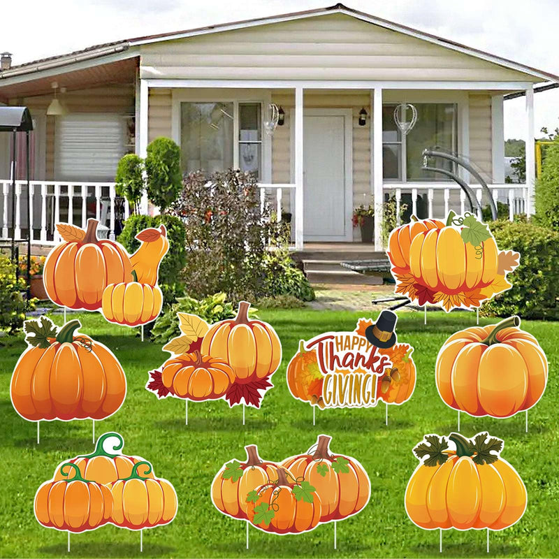 Fall Thanksgiving Yard Signs Decorations - 9Pcs Outdoor Orange Pumpkins Harvest Garden Wall Porch Signs with Stakes Seasonal Holiday Party Supplies Lawn Yard Decorations (9PC)