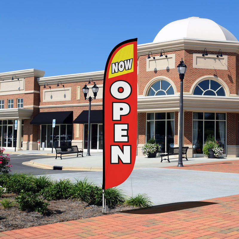 LookOurWay Feather Flag Pole Kit - 12 Feet Tall Advertising Flag Banner with Fiberglass Pole Kit and Ground Spike for Business Promotion - Grand Opening Flags - Now Open Red & Yellow (10M1200030)