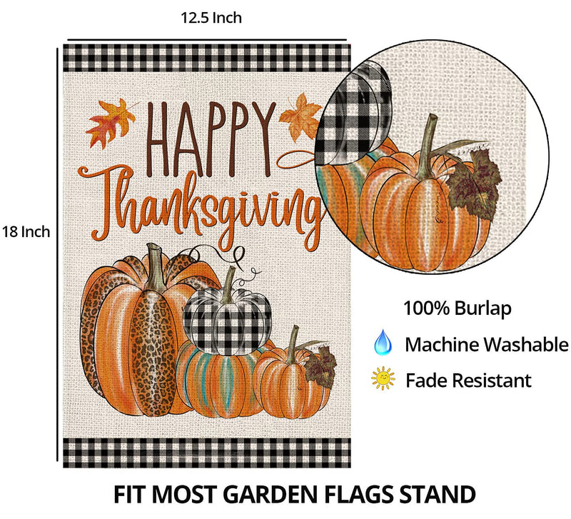 Happy Thanksgiving Fall Garden Flags for Outdoor,12x18 Double Sided,Harvest Buffalo Plaid Pumpkins Yard Flags,Small Thanksgiving Day Garden Decor for Autumn Outside Porch Lawn Holiday