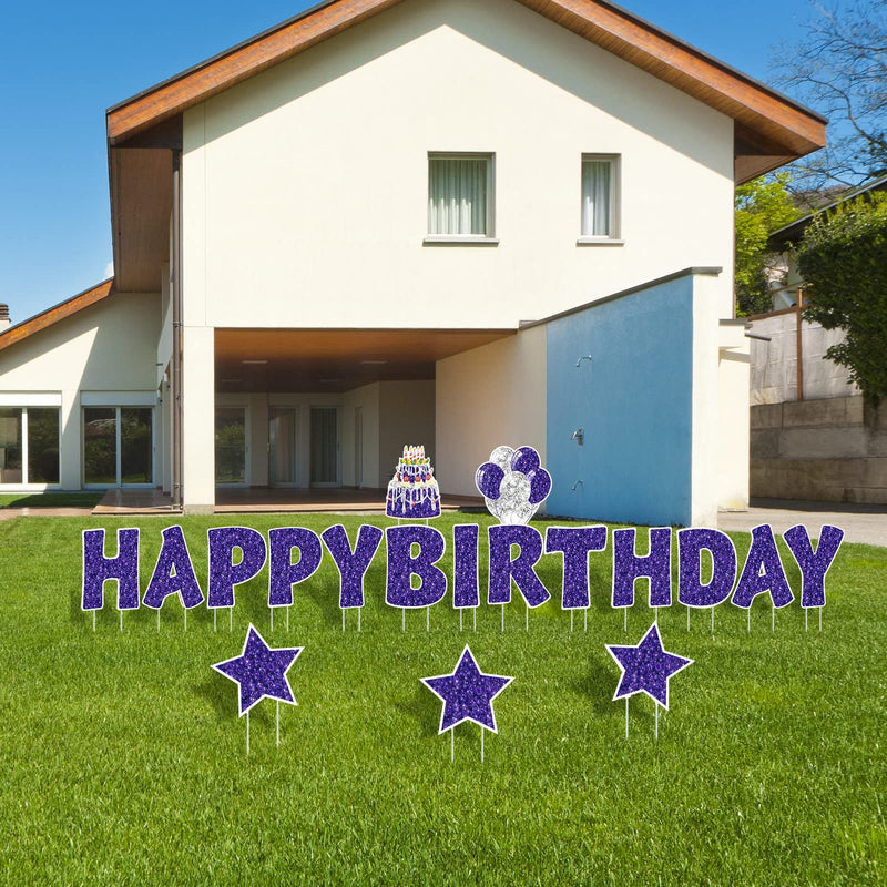 Jetec 18 Pieces Happy Birthday Yard Signs with Stakes, 16 Inches Birthday Outdoor Lawn Signs, Birthday Cake Balloon Patio Decorations, garden Lawn Decorations for Birthday Party (Purple)