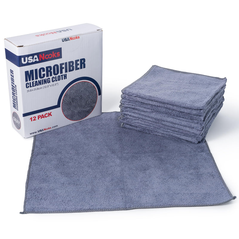 Microfiber Cleaning Cloth Grey - 12 Pcs (12.5"x12.5") USANOOKS - High Performance - 1200 Washes, Ultra Absorbent Microfiber Towel Weave Grime & Liquid for Streak-Free Mirror Shine - Car Washing Cloth