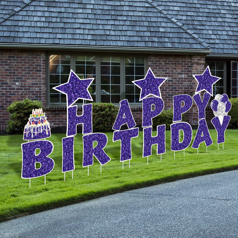 Jetec 18 Pieces Happy Birthday Yard Signs with Stakes, 16 Inches Birthday Outdoor Lawn Signs, Birthday Cake Balloon Patio Decorations, garden Lawn Decorations for Birthday Party (Purple)