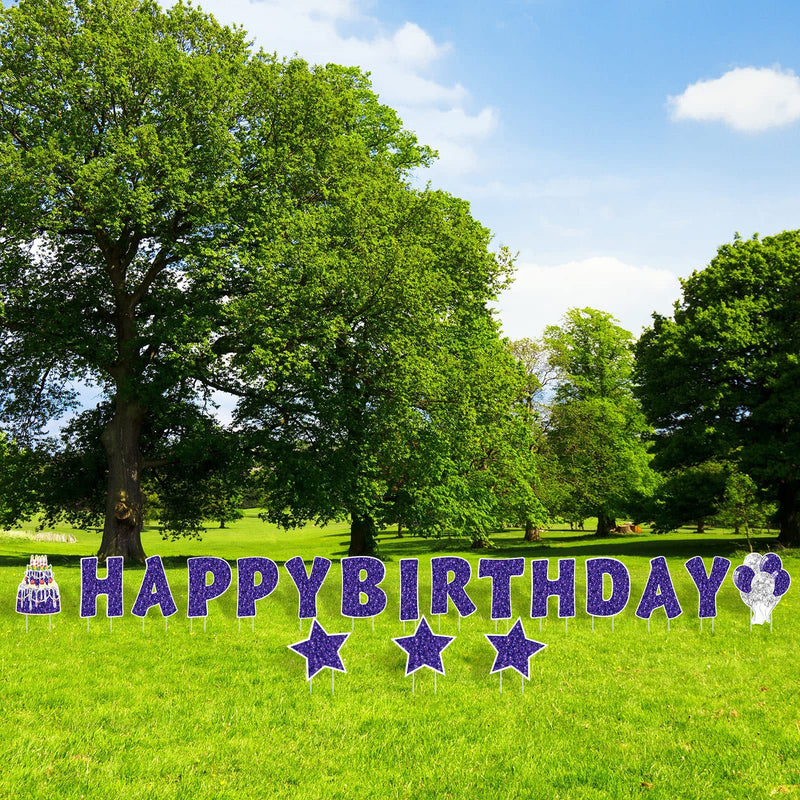 Jetec 18 Pieces Happy Birthday Yard Signs with Stakes, 16 Inches Birthday Outdoor Lawn Signs, Birthday Cake Balloon Patio Decorations, garden Lawn Decorations for Birthday Party (Purple)