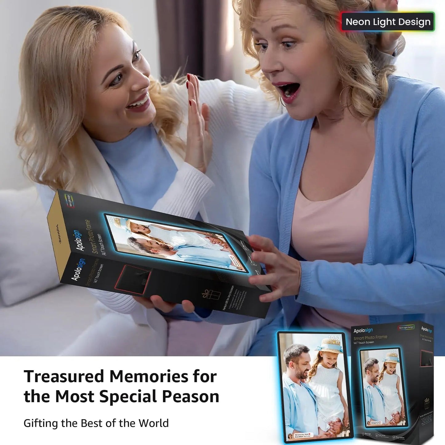 Apolosign 14.1" Neon Light Digital Frame, 32GB Storage Smart Digital Picture Frame, Easy Setup, 16:10 aspect ratio glass lamination Touch Screen, Share Moments Remotely via Frameo, Gift for Friends - North State Signs & Printing
