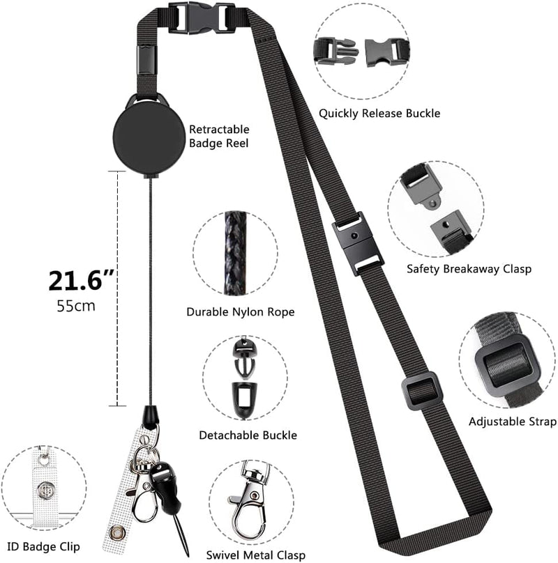 Leather Badge Holder and Adjustable Retractable Lanyards Quick Release Buckle and Safety Breakaway Lanyards with Swivel