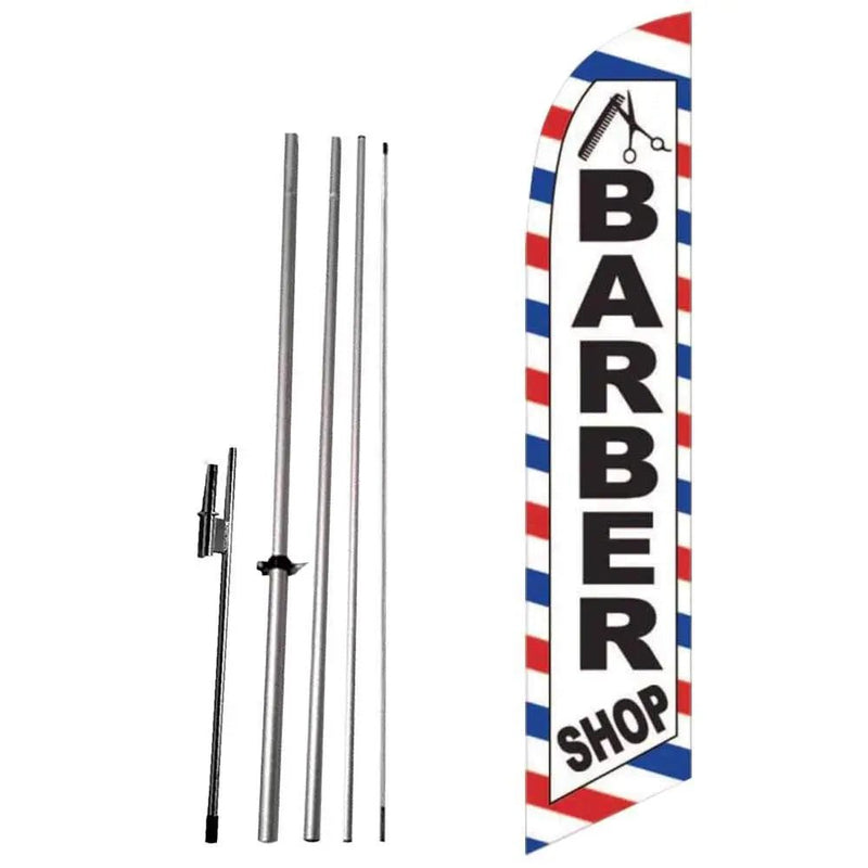 Barber Shop (White) Feather Flag Cobb Promo Eye Catching Feather Banner Sign for Business and Marketing Complete Set with 15 ft Pole Kit and Ground Spike - North State Signs & Printing