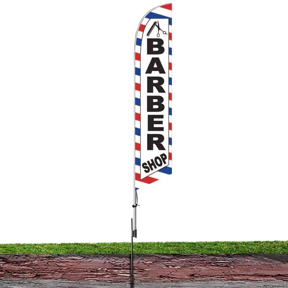 Barber Shop (White) Feather Flag Cobb Promo Eye Catching Feather Banner Sign for Business and Marketing Complete Set with 15 ft Pole Kit and Ground Spike - North State Signs & Printing