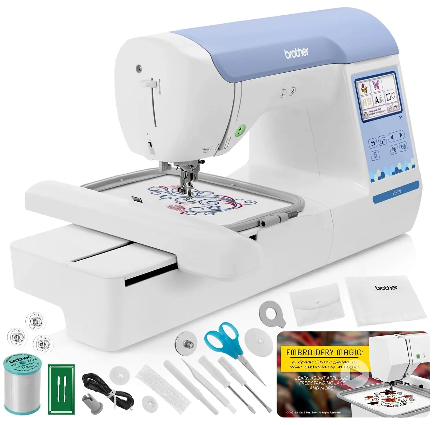Brother PE900 Embroidery Machine, 5" x 7" Field Size, Cuts Jump Stitches, Wireless, WLAN, Includes Mr. Vac & Mrs. Sew - Embroidery Magic: Quick Start Video - North State Signs & Printing