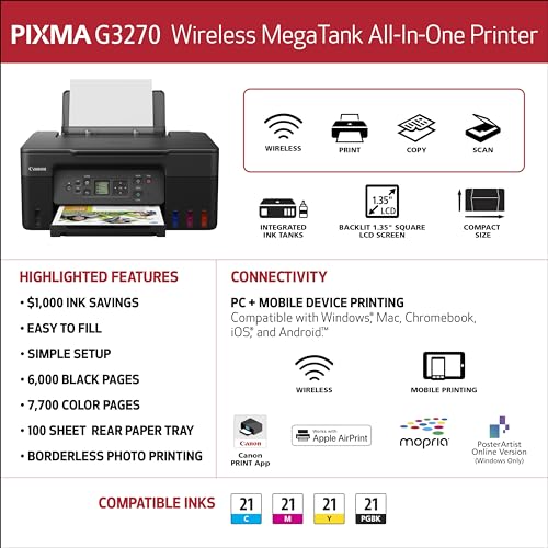 Canon MegaTank G3270 All-in-One Wireless Inkjet Printer. for Home Use Print Scan and Copy Black - All in One Printer