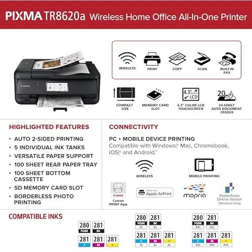 Canon PIXMA TR8620a - All - in - One Printer Home Office|Copier|Scanner|Fax|Auto Document Feeder | Photo, Document | Airprint (R), Android, Black, Works with Alexa - North State Signs & Printing