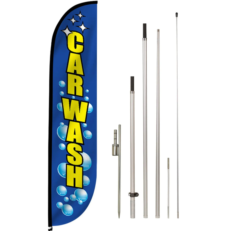 Car Wash Bubbles Feather Flag Pole Kit - 12 Feet Tall Advertising Flag Banner with Fiberglass Pole Kit and Ground Spike for Business Promotion - LookOurWay Car Wash Flags - Car Wash Bubbles - North State Signs & Printing