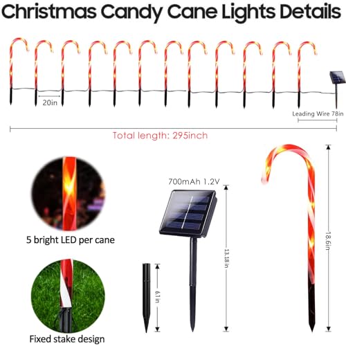 24 Pack Upgraded Waterproof Solar Christmas Candy Cane Lights Christmas Pathway Stake Lights Outdoor with 8 Modes Solar