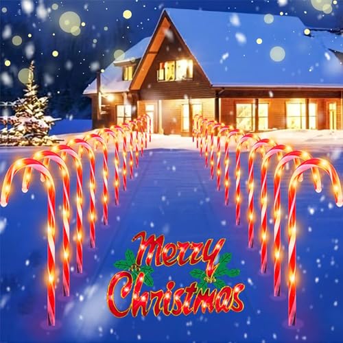 24 Pack Upgraded Waterproof Solar Christmas Candy Cane Lights Christmas Pathway Stake Lights Outdoor with 8 Modes Solar