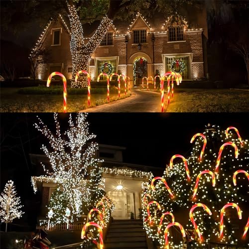 24 Pack Upgraded Waterproof Solar Christmas Candy Cane Lights Christmas Pathway Stake Lights Outdoor with 8 Modes Solar