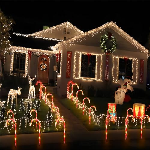 24 Pack Upgraded Waterproof Solar Christmas Candy Cane Lights Christmas Pathway Stake Lights Outdoor with 8 Modes Solar