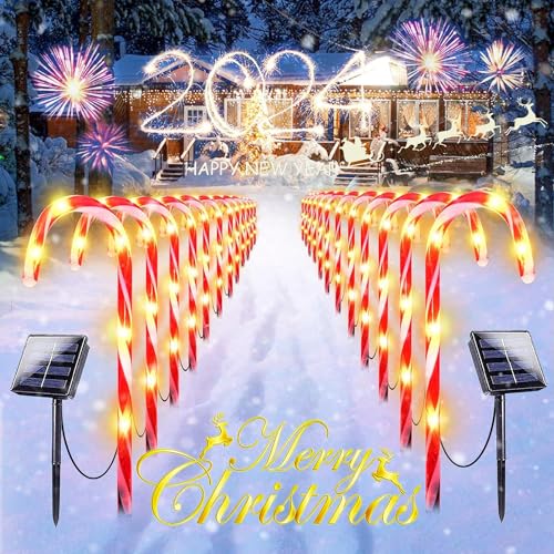 24 Pack Upgraded Waterproof Solar Christmas Candy Cane Lights Christmas Pathway Stake Lights Outdoor with 8 Modes Solar