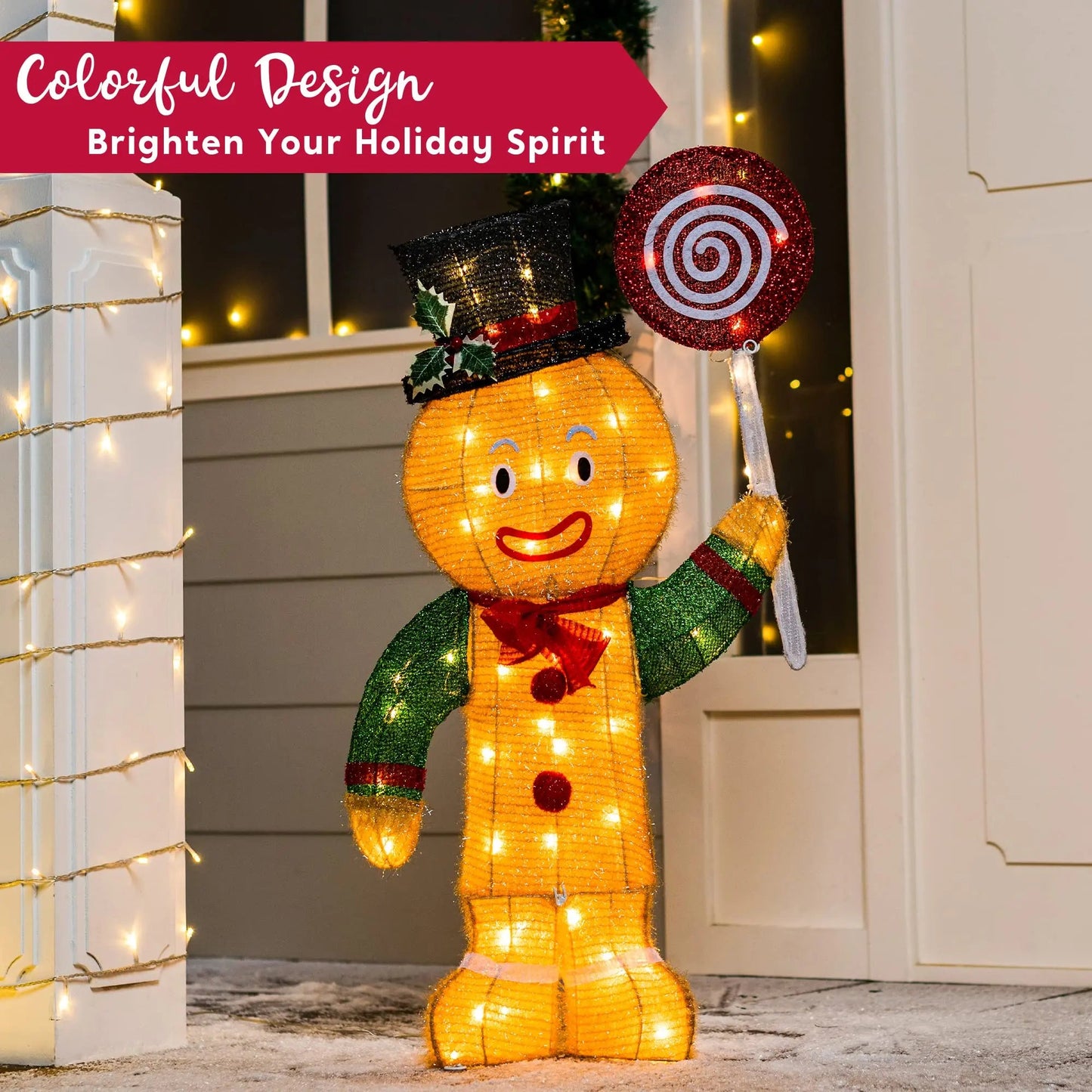 Christmas Gingerbread Man Tinsel Yard Light, JOIEDOMI 3FT, 50 Pre - Lit LED Warm White Lights with Metal Stakes for Indoor Outdoor Garden Holiday Decoration, Christmas Event, Christmas Eve Night Décor - North State Signs & Printing