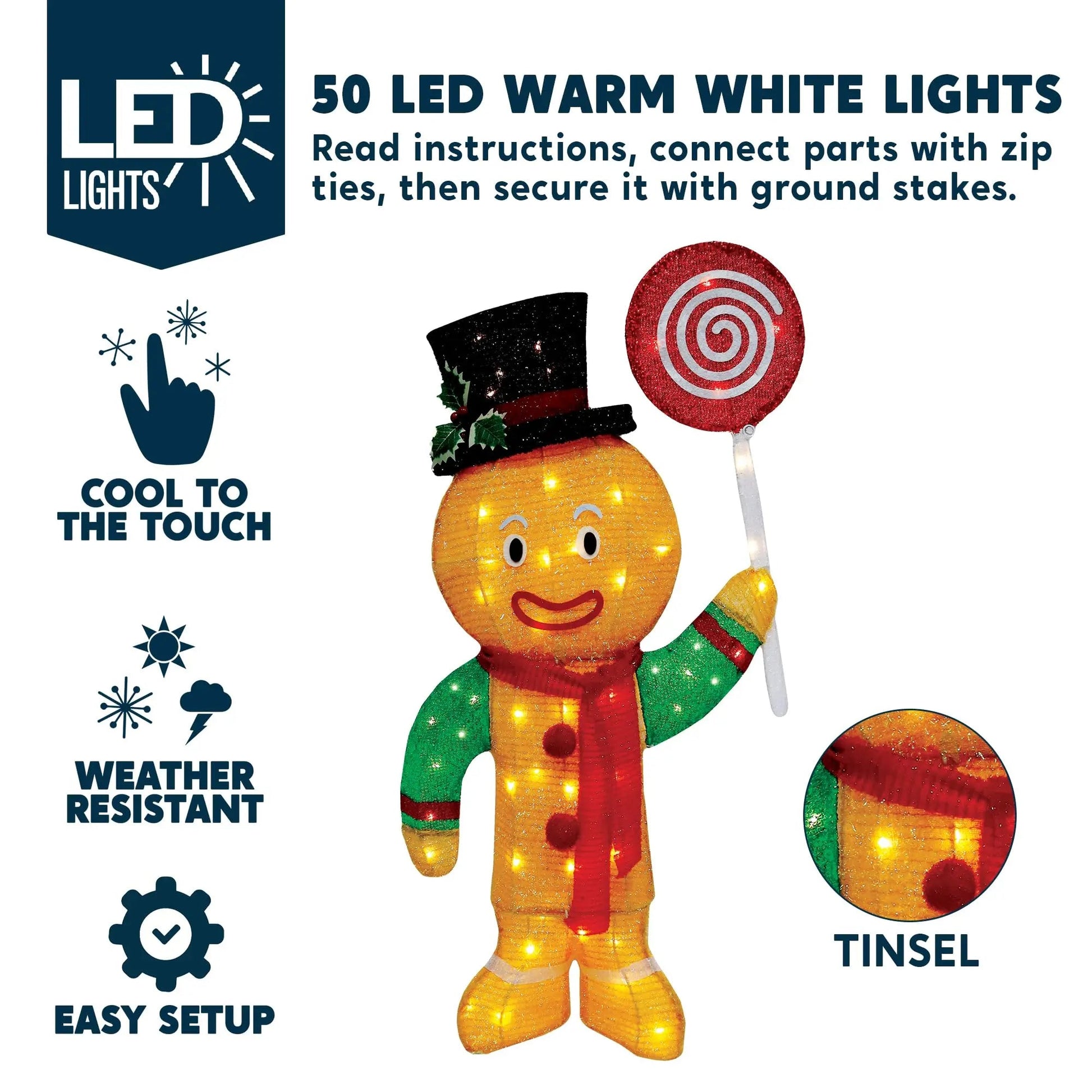 Christmas Gingerbread Man Tinsel Yard Light, JOIEDOMI 3FT, 50 Pre - Lit LED Warm White Lights with Metal Stakes for Indoor Outdoor Garden Holiday Decoration, Christmas Event, Christmas Eve Night Décor - North State Signs & Printing
