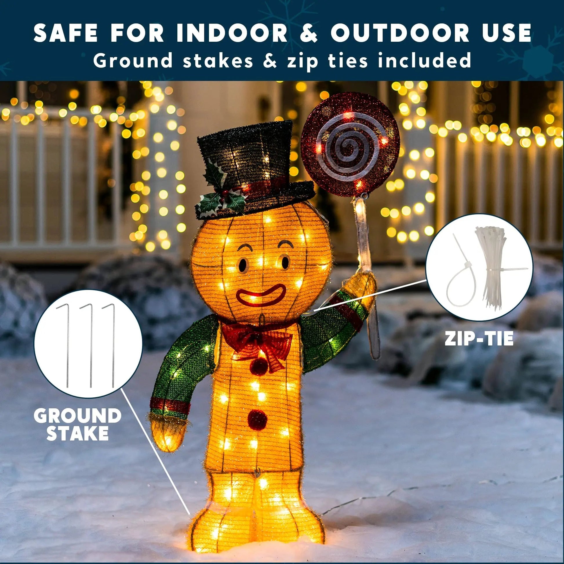 Christmas Gingerbread Man Tinsel Yard Light, JOIEDOMI 3FT, 50 Pre - Lit LED Warm White Lights with Metal Stakes for Indoor Outdoor Garden Holiday Decoration, Christmas Event, Christmas Eve Night Décor - North State Signs & Printing