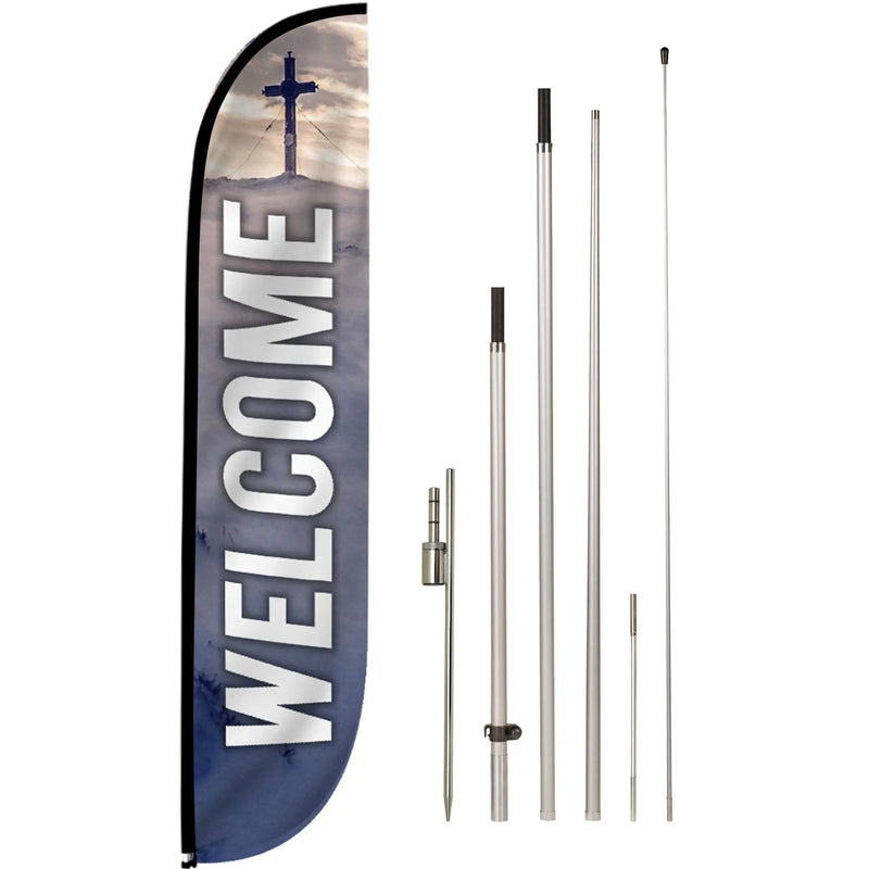 Church Theme (Welcome) Feather Banner Flag Set, Feather Banner, 12 ft Advertising Feather Flag with Fiberglass Poles and Ground Spike for Business Promotion LookOurWay - North State Signs & Printing
