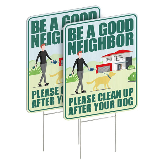 Clean Up After Your Dog Signs 2 Pack 12"x9" with Metal Stake, No Pooping Dog Signs for Yard, Pick Up After Your Dog Signs - North State Signs & Printing