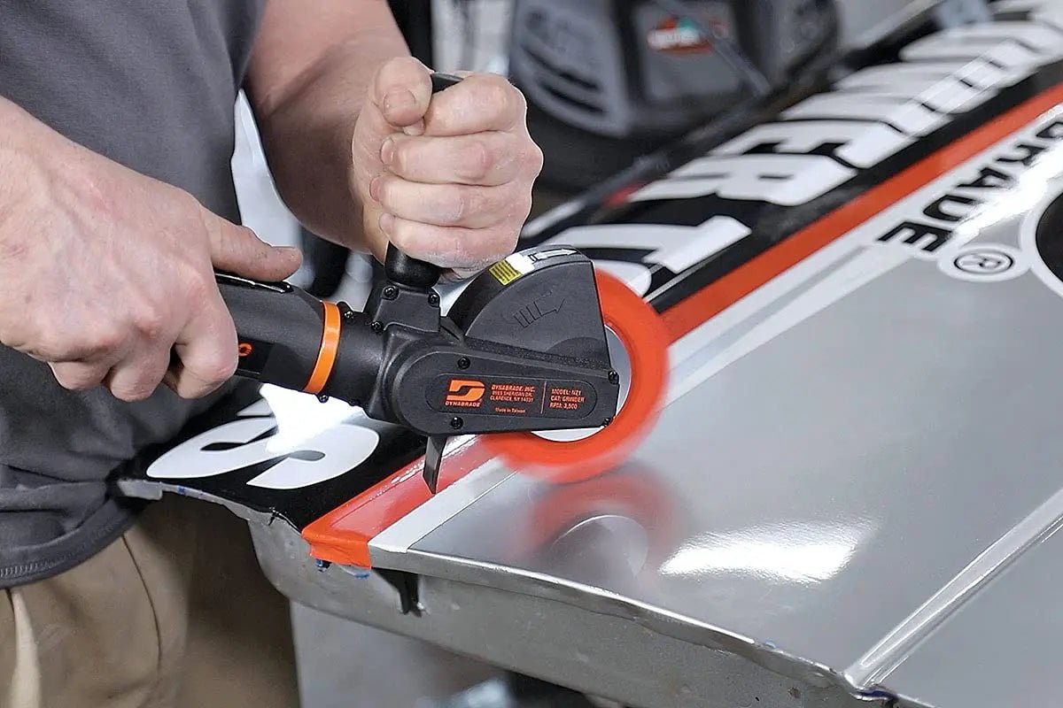 Decal Pinstripe Removal Tool | Dynabrade (NZ1) NitroZip Surface Conditioning / Right Angle, 0.5 hp 3500 RPM Pneumatic Motor | For Use with Eraser and Wire Wheels - North State Signs & Printing
