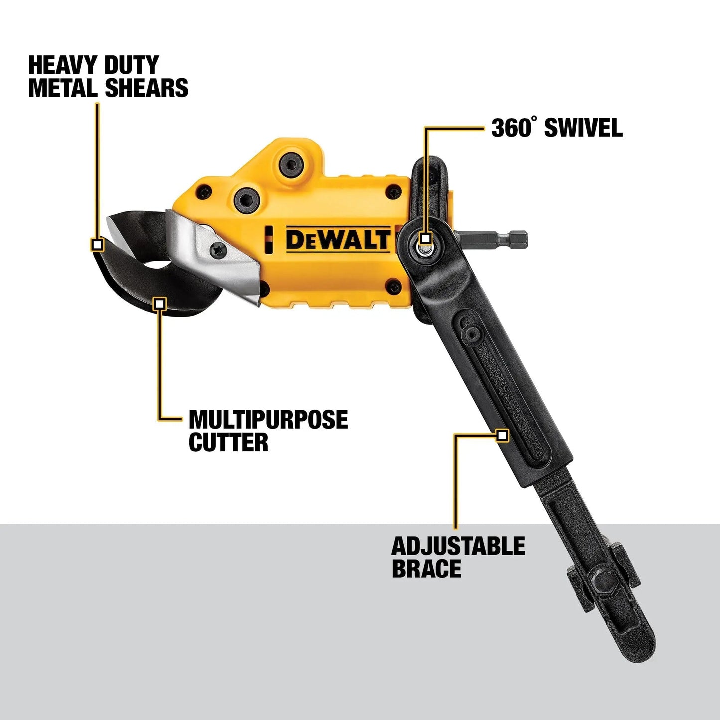 DEWALT Metal Shear/Cutter Drill Attachment, Impact Ready, 360 Degree Pivoting Head, Cuts 18GA Material (DWASHRIR)(Yellow, Black) - North State Signs & Printing