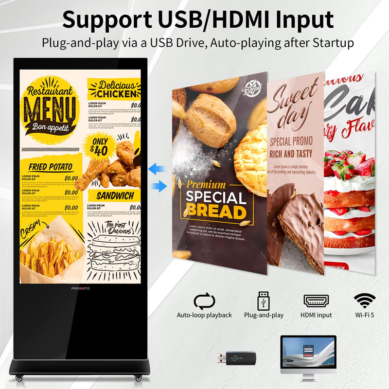 PWR4GTR 65 Inch Digital Signage Display and 55 Inch Touchscreen Kiosk Android 11.0 Commercial LCD Totem - Digital Signs