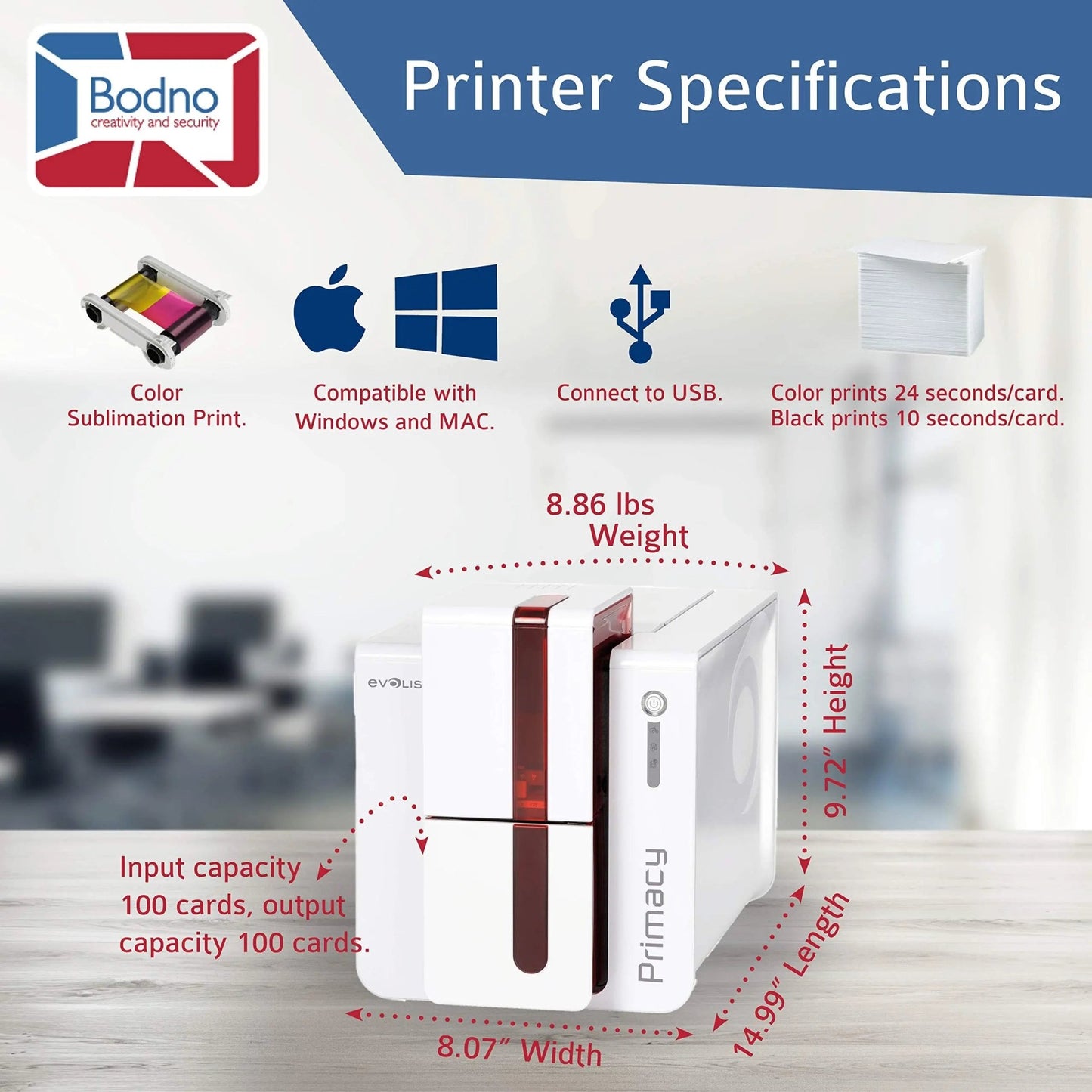 Dual Sided ID Card Printer Bodno Evolis Primacy & Complete Supplies Package Bronze Edition ID Software - North State Signs & Printing