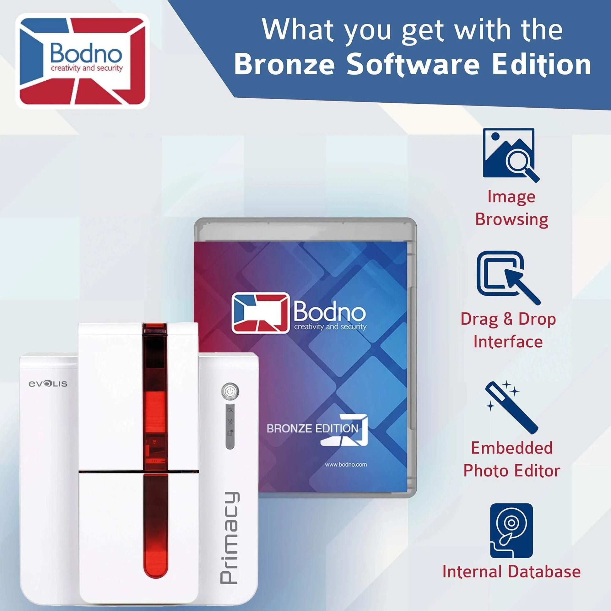 Dual Sided ID Card Printer Bodno Evolis Primacy & Complete Supplies Package Bronze Edition ID Software - North State Signs & Printing