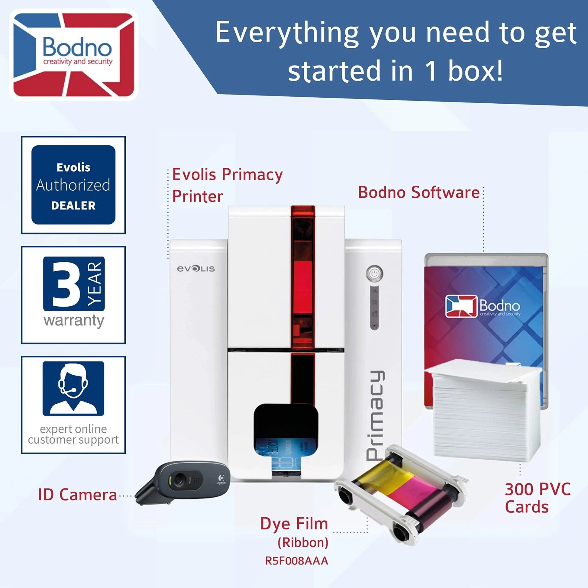 Dual Sided ID Card Printer Bodno Evolis Primacy & Complete Supplies Package Bronze Edition ID Software - North State Signs & Printing