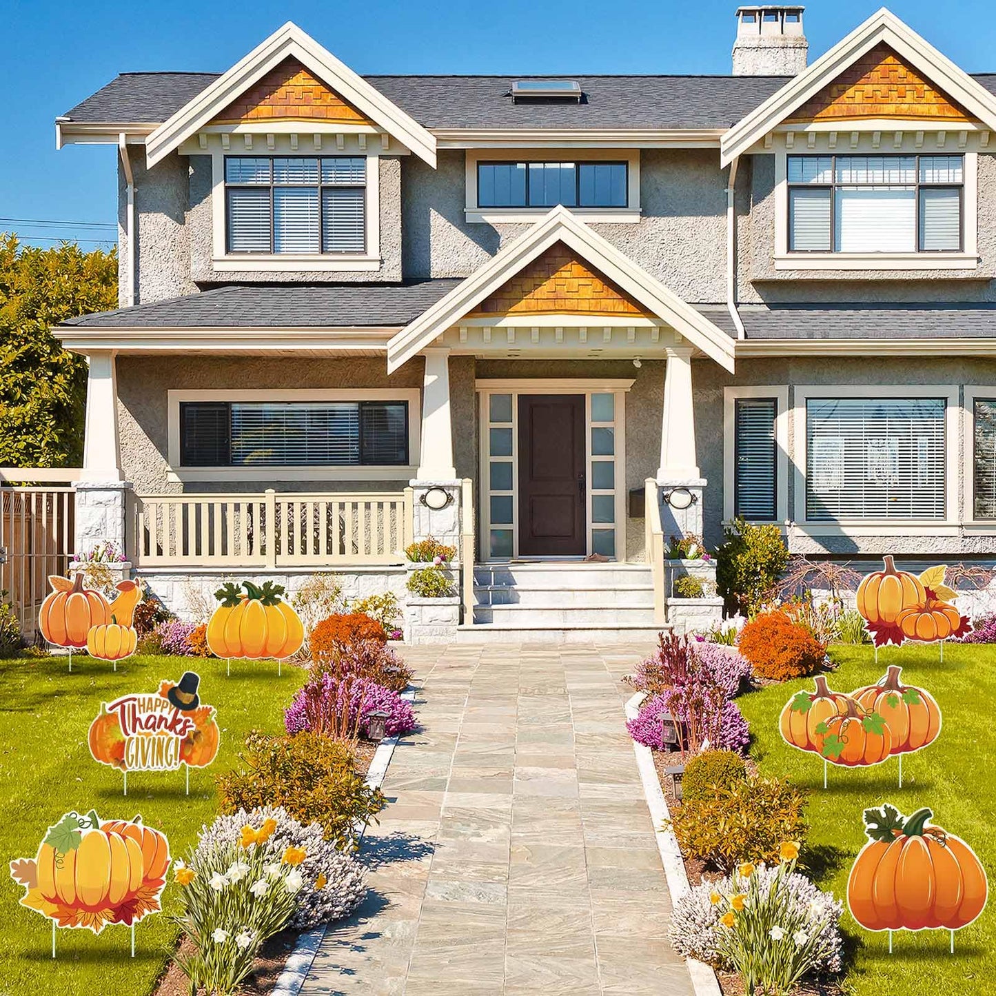 Fall Thanksgiving Yard Signs Decorations - 9Pcs Outdoor Orange Pumpkins Harvest Garden Wall Porch Signs with Stakes Seasonal Holiday Party Supplies Lawn Yard Decorations (9PC) - North State Signs & Printing